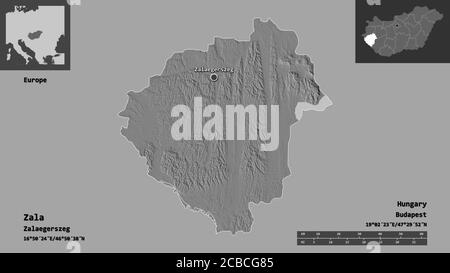 Shape of Zala, county of Hungary, and its capital. Distance scale, previews and labels. Bilevel elevation map. 3D rendering Stock Photo