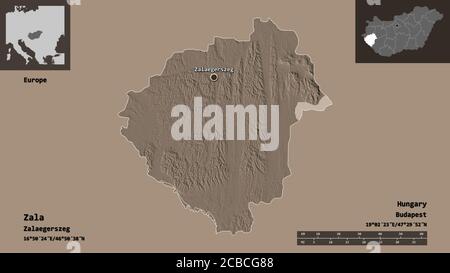 Shape of Zala, county of Hungary, and its capital. Distance scale, previews and labels. Colored elevation map. 3D rendering Stock Photo