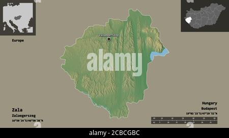 Shape of Zala, county of Hungary, and its capital. Distance scale, previews and labels. Topographic relief map. 3D rendering Stock Photo
