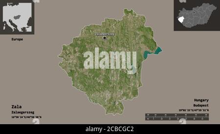 Shape of Zala, county of Hungary, and its capital. Distance scale, previews and labels. Satellite imagery. 3D rendering Stock Photo
