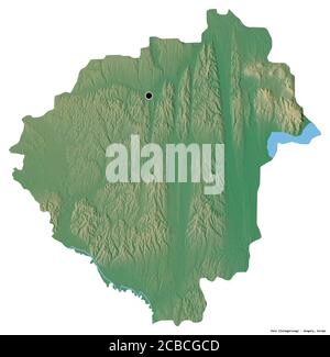 Shape of Zala, county of Hungary, with its capital isolated on white background. Topographic relief map. 3D rendering Stock Photo