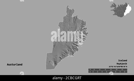 Shape of Austurland, region of Iceland, with its capital isolated on solid background. Distance scale, region preview and labels. Bilevel elevation ma Stock Photo