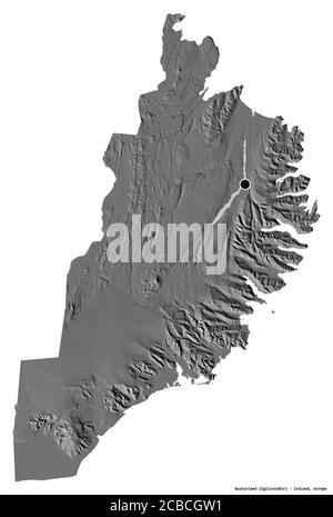 Shape of Austurland, region of Iceland, with its capital isolated on white background. Bilevel elevation map. 3D rendering Stock Photo