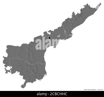 Shape of Andhra Pradesh, state of India, with its capital isolated on white background. Bilevel elevation map. 3D rendering Stock Photo