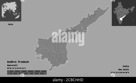 Shape of Andhra Pradesh, state of India, and its capital. Distance scale, previews and labels. Bilevel elevation map. 3D rendering Stock Photo