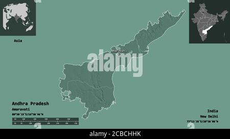 Shape of Andhra Pradesh, state of India, and its capital. Distance scale, previews and labels. Colored elevation map. 3D rendering Stock Photo