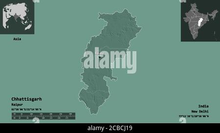 Chhattisgarh, state of India. Colored elevation map with lakes and ...