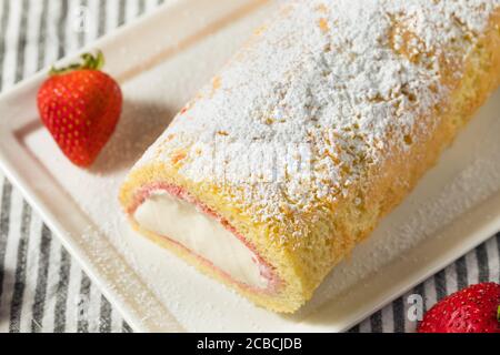 Homemade Frozen Artic Roll Cake with Ice Cream and Strawberries Stock Photo