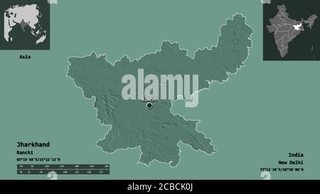 Shape of Jharkhand, state of India, and its capital. Distance scale, previews and labels. Colored elevation map. 3D rendering Stock Photo