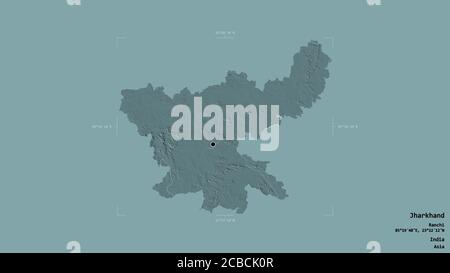 Area of Jharkhand, state of India, isolated on a solid background in a georeferenced bounding box. Labels. Colored elevation map. 3D rendering Stock Photo