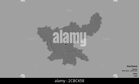 Area of Jharkhand, state of India, isolated on a solid background in a georeferenced bounding box. Labels. Bilevel elevation map. 3D rendering Stock Photo