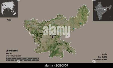 Shape of Jharkhand, state of India, and its capital. Distance scale, previews and labels. Satellite imagery. 3D rendering Stock Photo