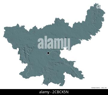 Shape of Jharkhand, state of India, with its capital isolated on white background. Colored elevation map. 3D rendering Stock Photo