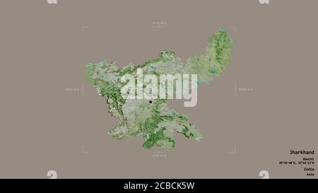 Area of Jharkhand, state of India, isolated on a solid background in a georeferenced bounding box. Labels. Satellite imagery. 3D rendering Stock Photo