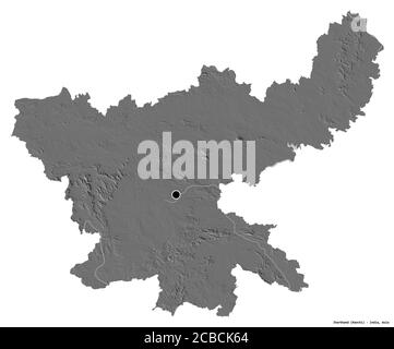Shape of Jharkhand, state of India, with its capital isolated on white background. Bilevel elevation map. 3D rendering Stock Photo