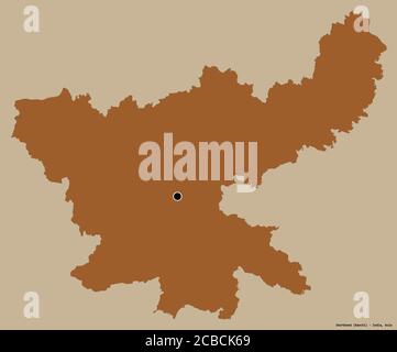 Shape of Jharkhand, state of India, with its capital isolated on a solid color background. Composition of patterned textures. 3D rendering Stock Photo