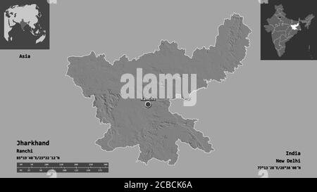 Shape of Jharkhand, state of India, and its capital. Distance scale, previews and labels. Bilevel elevation map. 3D rendering Stock Photo