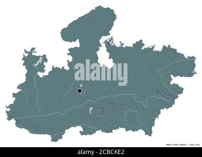 Shape of Madhya Pradesh, state of India, with its capital isolated on white background. Colored elevation map. 3D rendering Stock Photo