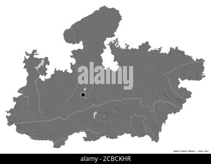 Shape of Madhya Pradesh, state of India, with its capital isolated on white background. Bilevel elevation map. 3D rendering Stock Photo