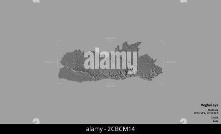 Area of Meghalaya, state of India, isolated on a solid background in a georeferenced bounding box. Labels. Bilevel elevation map. 3D rendering Stock Photo