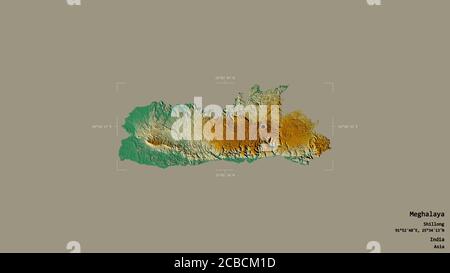 Area of Meghalaya, state of India, isolated on a solid background in a georeferenced bounding box. Labels. Topographic relief map. 3D rendering Stock Photo