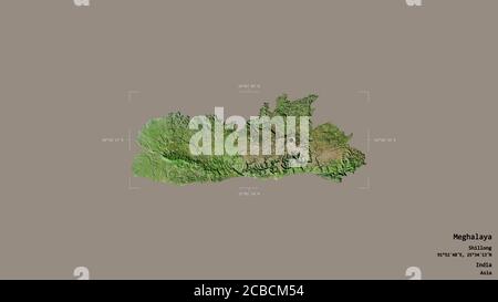 Area of Meghalaya, state of India, isolated on a solid background in a georeferenced bounding box. Labels. Satellite imagery. 3D rendering Stock Photo