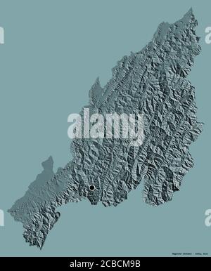 Shape of Nagaland, state of India, with its capital isolated on a solid color background. Colored elevation map. 3D rendering Stock Photo