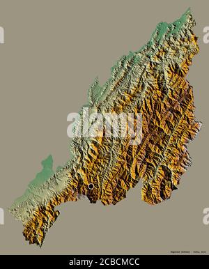 Shape of Nagaland, state of India, with its capital isolated on a solid color background. Topographic relief map. 3D rendering Stock Photo