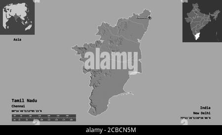 Tamil Nadu, state of India. Bilevel elevation map with lakes and rivers ...