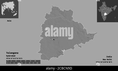 Shape of Telangana, state of India, with its capital isolated on a ...