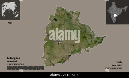 Telangana, state of India. Satellite imagery. Shape presented against ...