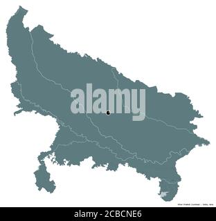 Shape of Uttar Pradesh, state of India, with its capital isolated on white background. Colored elevation map. 3D rendering Stock Photo