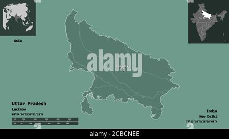 Shape of Uttar Pradesh, state of India, and its capital. Distance scale, previews and labels. Colored elevation map. 3D rendering Stock Photo