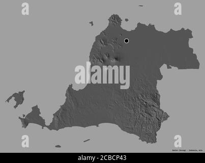 Shape of Banten, province of Indonesia, with its capital isolated on a solid color background. Bilevel elevation map. 3D rendering Stock Photo