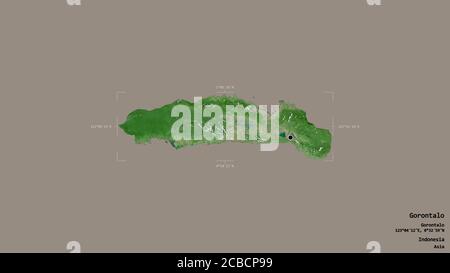 Area of Gorontalo, province of Indonesia, isolated on a solid background in a georeferenced bounding box. Labels. Satellite imagery. 3D rendering Stock Photo