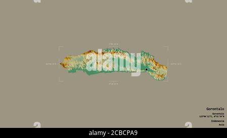 Area of Gorontalo, province of Indonesia, isolated on a solid background in a georeferenced bounding box. Labels. Topographic relief map. 3D rendering Stock Photo