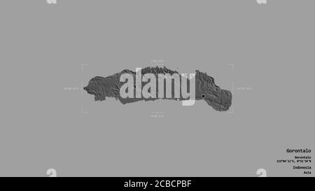 Area of Gorontalo, province of Indonesia, isolated on a solid background in a georeferenced bounding box. Labels. Bilevel elevation map. 3D rendering Stock Photo