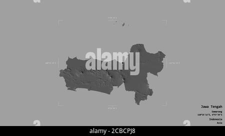 Area of Jawa Tengah, city of Indonesia, isolated on a solid background in a georeferenced bounding box. Labels. Bilevel elevation map. 3D rendering Stock Photo