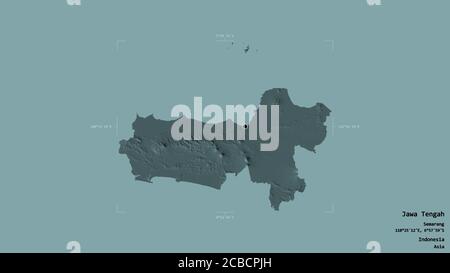 Area of Jawa Tengah, city of Indonesia, isolated on a solid background in a georeferenced bounding box. Labels. Colored elevation map. 3D rendering Stock Photo