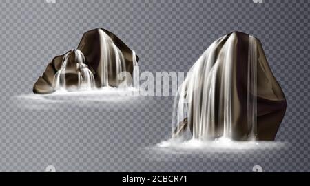 Waterfall cascade on rock, realistic water fall streams falling from mountains, pure liquid jets and stones with fog down, fountain design. Realistic 3d vector icons isolated on transparent background Stock Vector