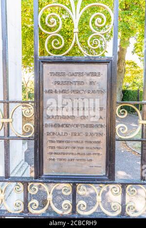 Chalkwell Park gates with memorial inscription. Raven Gates, built in honour of W/O R. Raven who died building the Thailand to Burma Railway Stock Photo