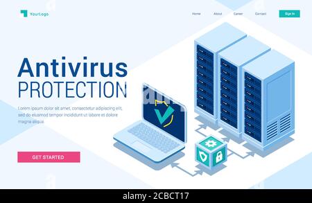 Antivirus protection isometric landing page. Cyber data security, server room connected with laptop through protected hub, computing internet digital technology, 3d vector illustration, web banner Stock Vector