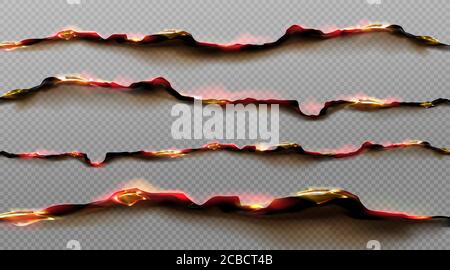Burn paper borders, burnt page with smoldering fire on charred uneven edges, parchment sheets in flame. Burned, torn or ripped frame isolated on transparent background. Realistic 3d vector objects set Stock Vector
