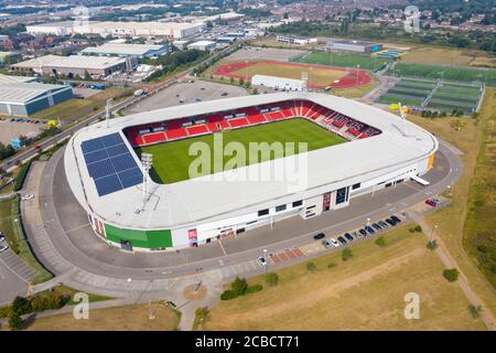 Doncaster UK, 12th Aug 2020: Aerial photo of the Keepmoat Stadium located in the town of Doncaster in the UK home of the Doncaster Rovers Football Clu Stock Photo