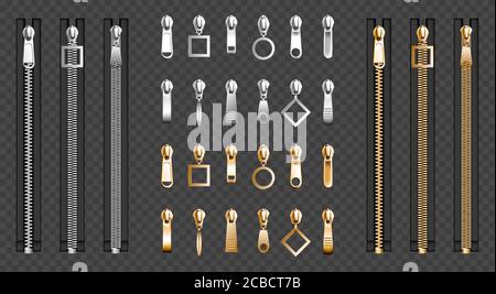 Metal zip fasteners, silver golden zippers with differently shaped puller and closed black fabric tape, clothing hardware isolated on transparent background, Realistic 3d vector illustration, set Stock Vector