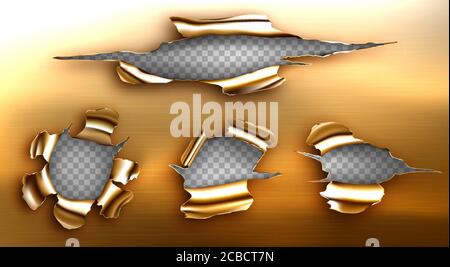 Torn holes, ragged cracks in golden sheet. Vector realistic mockup of ripped edges of metal break, bullet holes isolated on transparent background. Damaged copper page from gun shot, cut or explosion Stock Vector
