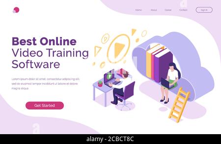 Online video training software isometric landing page, business people or students studying via internet using laptops. Computer programs for distant education, network technology 3d vector web banner Stock Vector