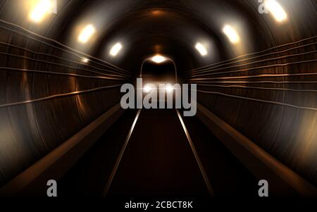 Subway train with glowing headlights in old rusty metro tunnel front view, locomotive on rails. Modern underground commuter transport, railway passenger vehicle, Realistic 3d vector illustration