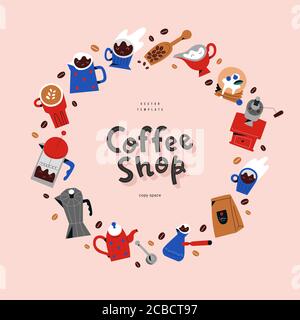 Coffee shop lettering logo with decorative circle frame, vector template made of hand drawn illustrations of barista tools and utensils, good as Stock Vector