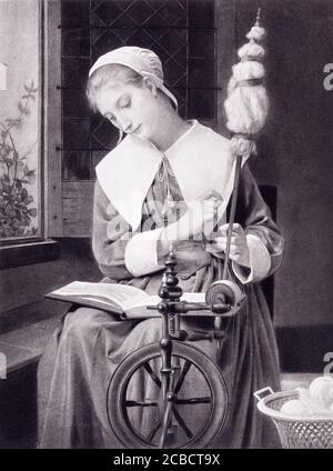 1890 photogravure of an 1880 Elizabeth Jane Gardner painting of a young woman working at a spinning wheel while reading a book.  The caption is Prisci
